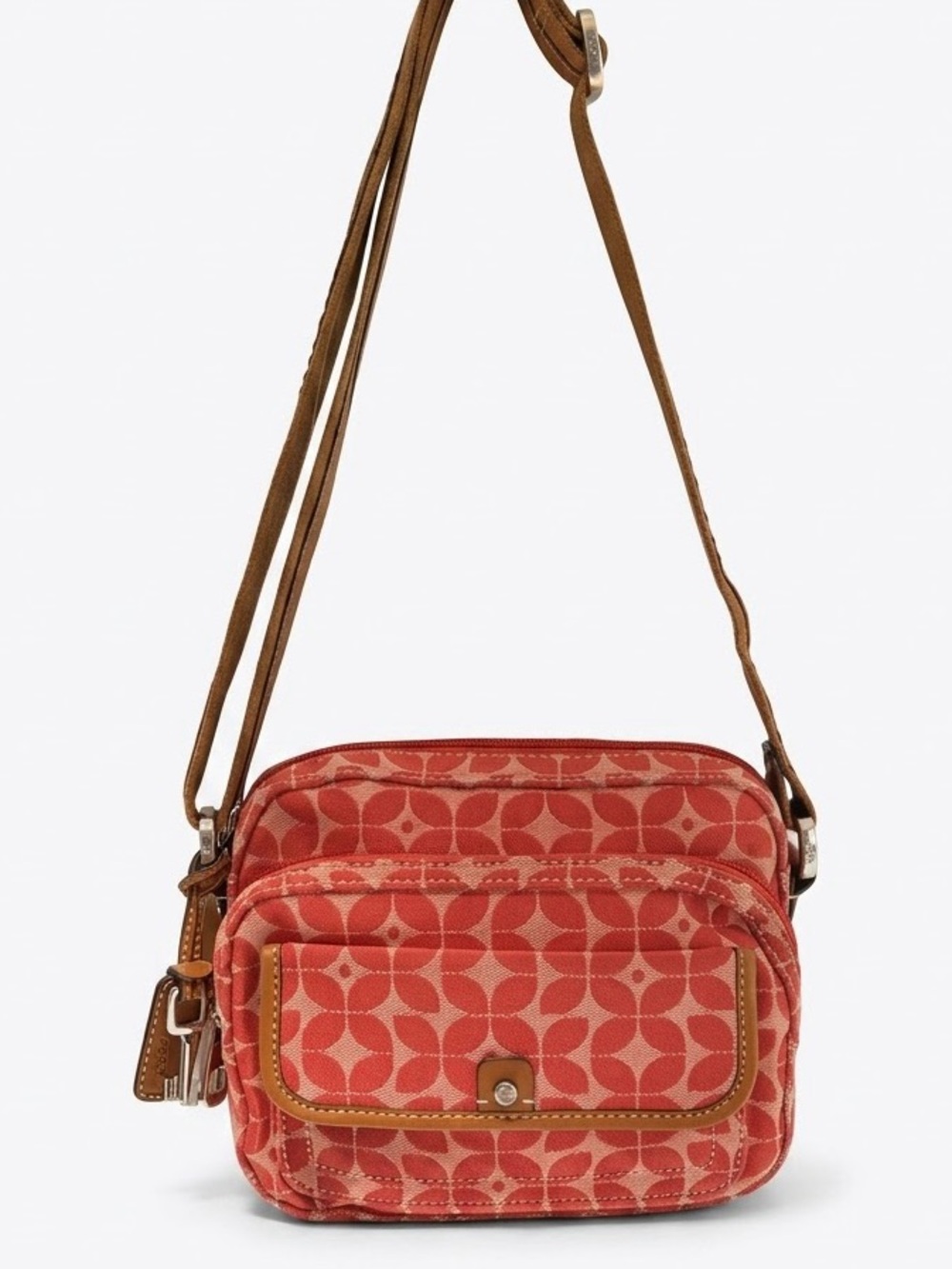 FOSSIL Leather & Canvas Crossbody Bag With Key Hangtag EUC